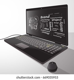 Brand concept. Inscriptions with a techno circle. Laptop, desktop computer. From the side. Illustration for your design