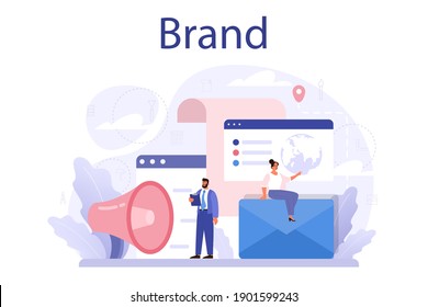 Brand concept. Marketing strategy and unique design of a company or product. Brand recognition and comunication as a part of business plan. Isolated flat vector illustration