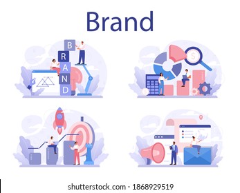 Brand concept set. Marketing strategy and unique design of a company or product. Brand recognition and comunication as a part of business plan. Isolated flat vector illustration