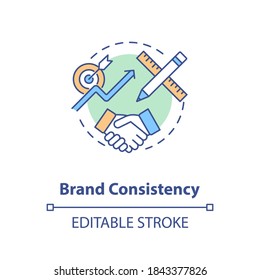 Brand consistency concept icon. Effective marketing plan creating idea thin line illustration. Building awareness. Sales strategies. Vector isolated outline RGB color drawing. Editable stroke