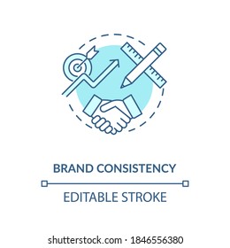 Brand Consistency Concept Icon. Effective Marketing Strategy Creating Idea Thin Line Illustration. Brand Awareness. Business Partnerships. Vector Isolated Outline RGB Color Drawing. Editable Stroke