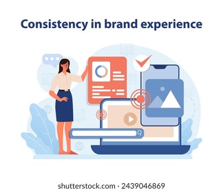 Brand Consistency Experience. An illustrative representation of maintaining uniformity across brand touchpoints to ensure a reliable customer journey. Flat vector illustration.