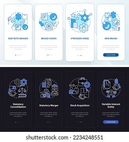 Brand consolidation night and day mode onboarding mobile app screen. Walkthrough 4 steps editable graphic instructions with linear concepts. UI, UX, GUI template. Myriad Pro-Bold, Regular fonts used