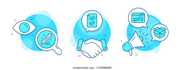 Brand contract, Browser window and Open box line icons set. Handshake deal, research and promotion complex icons. Approved checklist sign. Edit report, Website chat, Delivery package. Vector