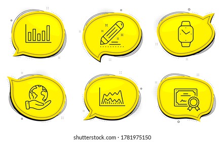 Brand contract sign. Diploma certificate, save planet chat bubbles. Column chart, Smartwatch and Trade chart line icons set. Financial graph, Digital time, Market data. Edit report. Vector