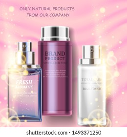 Brand cosmetic product. Realistic vector illustration. Packaging design. Cosmetic natural product for best care.