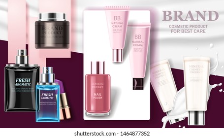 Brand cosmetic set. Vector 3d realistic illustration.