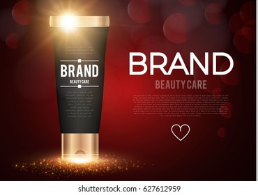 Brand Cosmetics Pakaging Design Template with Gold Flash Light. For Sale Design, Medicine Promotion, Beauty Care Presentation. Vector illustration.