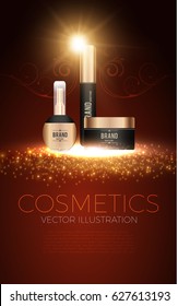 Brand Cosmetics Pakaging Design Template with Gold Flash Light. For Sale Design, Medicine Promotion, Beauty Care Presentation. Vector illustration.