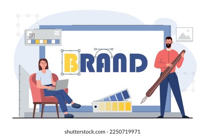 Brand creation concept. Man and woman developing name and logo for company, branding. Internet promotion and modern marketing methods. Creative personalities at work. Cartoon flat vector illustration