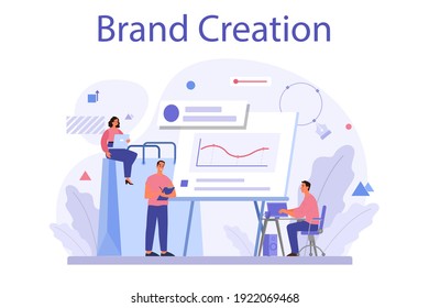 Brand creation concept. Marketing specialist design unique company presentation and creative identity. Brand recognition as a part of marketing strategy. Isolated flat illustration