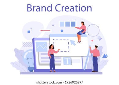 Brand creation concept. Marketing specialist design unique company presentation and creative identity. Brand recognition as a part of marketing strategy. Isolated flat illustration