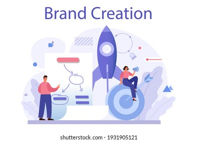 Brand creation concept. Marketing specialist design unique company presentation and creative identity. Brand recognition as a part of marketing strategy. Isolated flat illustration