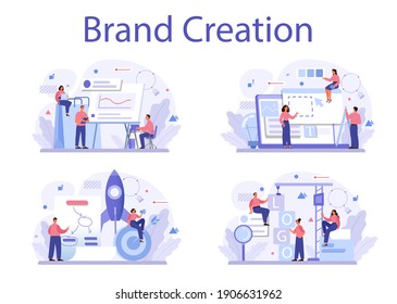 Brand creation concept set. Marketing specialist design unique company presentation and creative identity. Brand recognition as a part of marketing strategy. Isolated flat illustration