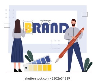 Brand creation concept. Woman and man with pencil near multicolored letters. Graphic designers designing logotype for company or organization. Cartoon flat vector illustration