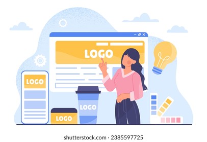 Concepto de creación de marca. Mujer cerca de la paleta y plantilla de página web. Diseñador gráfico y profesional independiente desarrollan un logotipo elegante para la empresa y la organización. Dibujo vectorial plano de dibujos animados