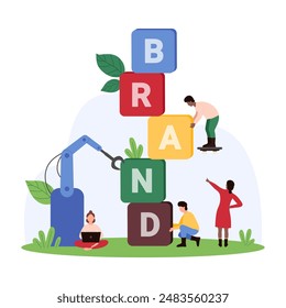 Brand creation and development, branding process by professional marketing team. Tiny people build Brand word from cubes with letter, characters create advertising strategy cartoon vector illustration