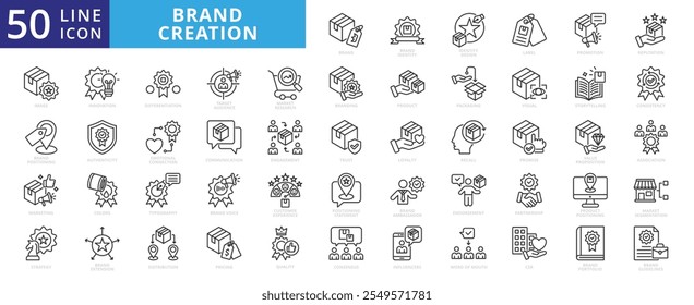 Brand creation icon set with identity, design, label, promotion, reputation, image, positioning, marketing, strategy, innovation, differentiation, target, audience, market, research, voice and product