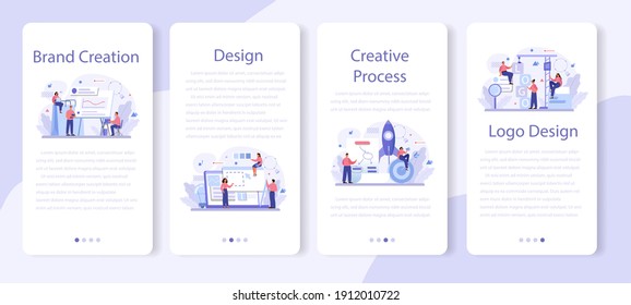 Brand creation mobile application banner set. Marketing specialist design unique company presentation and creative identity. Brand recognition as part of marketing strategy. Flat vector illustration