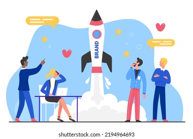 Brand creative product launching, marketing service for business startup. Cartoon tiny characters work and launch rocket into space, beginning new campaign flat vector illustration. Enterprise