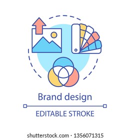 Brand Design Concept Icon. Branding Idea Thin Line Illustration. Creating Logo. Templates And Brand Standards For Marketing Materials. Corporate Image. Vector Isolated Outline Drawing. Editable Stroke