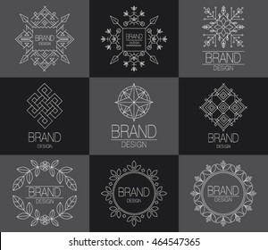 BRAND DESIGN ELEMENT FOR BUSINESS. Line flat icon. Vector set of outline emblems and badges - abstract linear hipster  templates 
