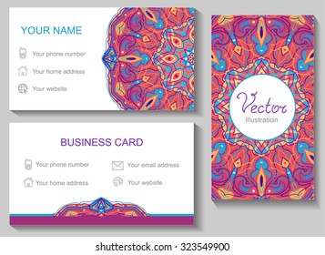 Brand design with pink ethnic pattern. Decorated with Abstract mandala pattern. Vector Set of business cards.