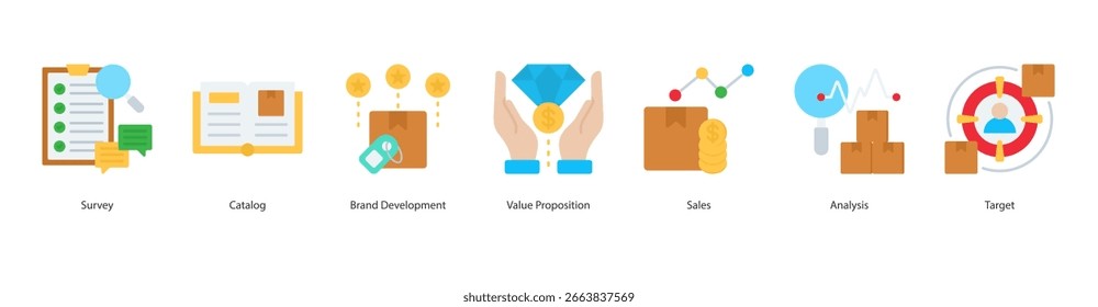Brand Development banner web icon set vector illustration concept with icon of survey, catalog, brand development, value proposition, sales, analysis, target