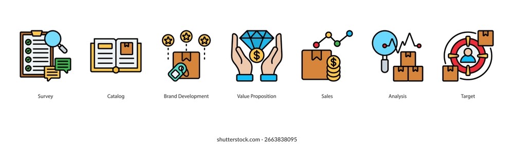 Brand Development banner web icon set vector illustration concept with icon of survey, catalog, brand development, value proposition, sales, analysis, target