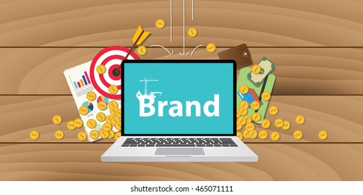 brand development or building with money goals or gold coin and target valuation written on screen of laptop