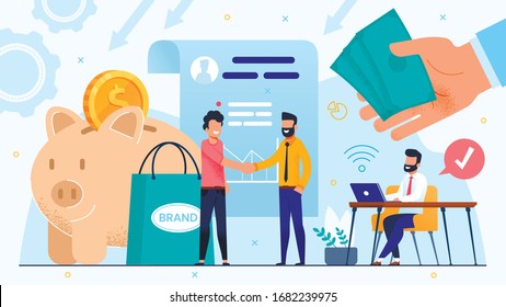 Brand Development by Means of Money Investment and Trust Partnership. Agreement and Dealership. Business Partner Handshaking, Executive Manager Make Note on Laptop. Huge Human Hand with Cash