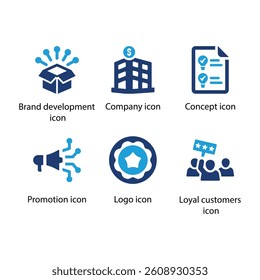 Brand development, Company, Concept, Promotion, Logo, Loyal customers, Blue Icon Set