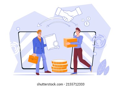 Brand development and franchising concept of distribution of business licenses and sale of copyrights, flat vector illustration isolated on white background.