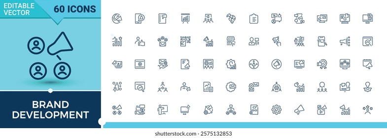 Brand Development linear icon collection. Icons shop, content, market, web, marketing, commerce and more. Collection for mobile and web apps. Editable vector illustration.