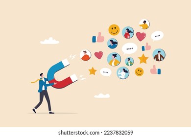 Brand engagement or customer engagement, social positive feedback after using product and share loyalty and trust concept, businessman magnet draw customers with brand engagement impression symbol.