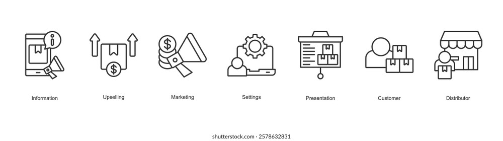 Brand Engagement Icon Information, Upselling, Marketing, Settings, Presentation, Customer, Distributor