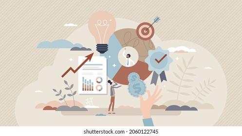 Brand Equity And Company Recognition Financial Value Tiny Person Concept. Commercial And Marketing Communication Result As Loyal Customer Engagement Vector Illustration. Business Presentation Analysis