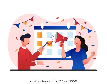 Brand event concept. Man and girl with loudspeakers on background of calendar. Responsible employees make schedule. Entrepreneurs organize business meetings. Cartoon flat vector illustration