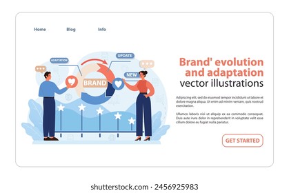 Brand Evolution and Adaptation Illustration. Professionals analyzing and implementing new strategies for brand development and market adaptation. Flat vector illustration.