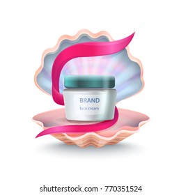 Brand face cream placed inside of shell with pink ribbon in it, close up of icons represented on vector illustration isolated on white