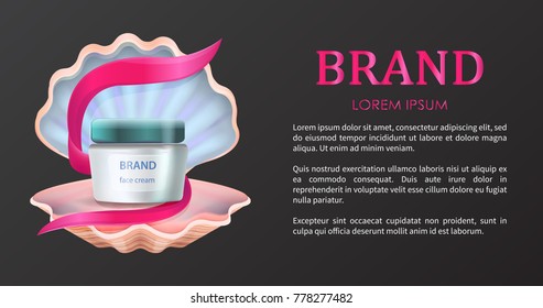 Brand face cream placed in shell and is decorated by pink ribbon, poster with text on vector illustration isolated on vector illustration