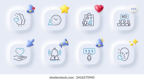 Markenzeichen, Gesichtssuche und Vorteile für Mitarbeiter - Symbole. Tasten mit 3D-Glocke, Chatsprache, Cursor. Herzbeutel, Online-Auktion, Zeitmanagement-Symbol. Bericht, Piktogramm am Herzen halten. Vektorgrafik