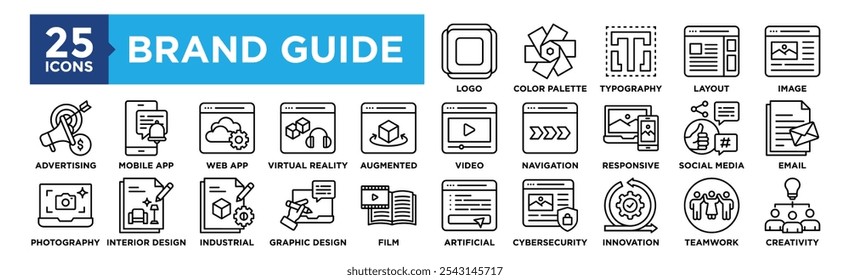 Brand Guide icon collection set. Containing design Logo, Color Palette, Typography, Layout, Image 