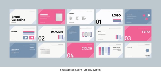 Brand Guideline Design Template. Logo and Brand identity strategy guide manual presentation. Logo guideline book.