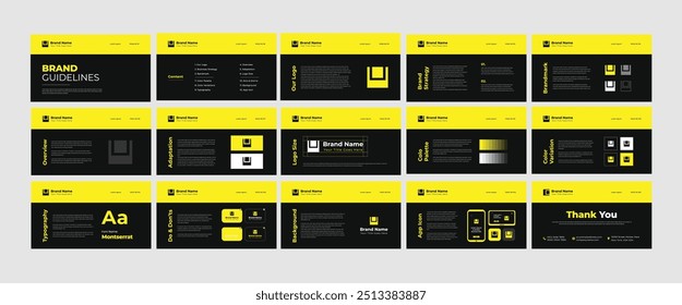 Brand Guidelines Poster Layout Set. Black Minimal Brand Guideline Template. Yellow Brand Identity presentation. Vector illustration.