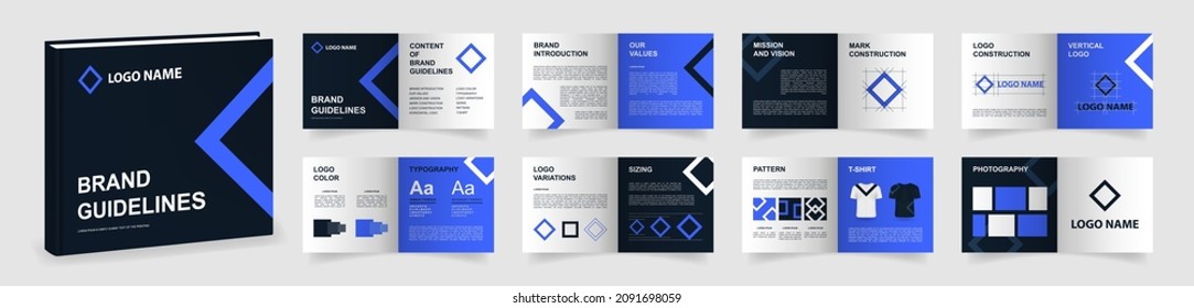 Brand Guidelines Template. Dark Blue Logo Guideline Template. Multi-purpose Brand Manual Presentation Mockup. Logo Guide Book Layout