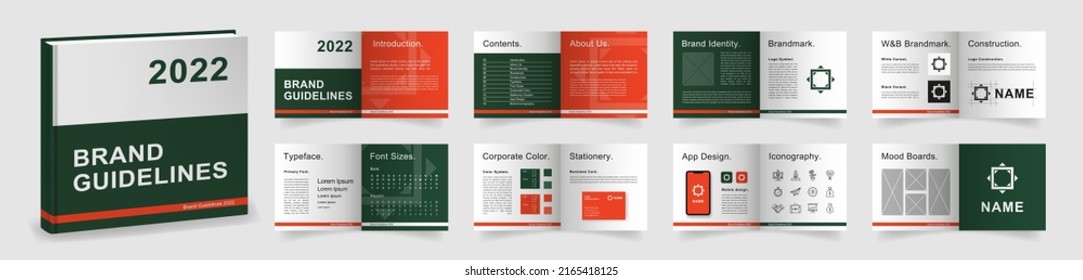 Brand Guidelines Template. Dark Green Logo Guideline Template. Multi-purpose Brand Manual Presentation Mockup. Logo Guide Book Layout
