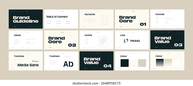 Vorlage für Markenrichtlinien, Präsentation der Markenidentität im Landschaftsbild, Creme schwarz und grau, modernes und sauberes Design, Vorlage für Logotype-Richtlinien für Technik, Unternehmen, kreatives Geschäft
