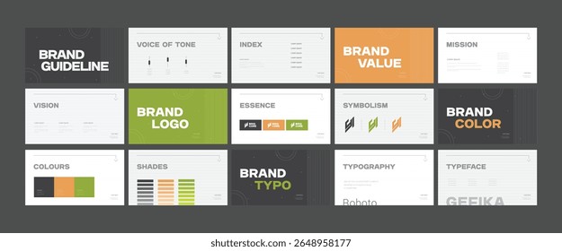 Modelo de diretrizes de marca, Apresentação da identidade da marca Landscape, Verde laranja e escuro, design moderno e limpo, modelo de diretrizes Logotipo para a agência corporativa, industrial, criativa