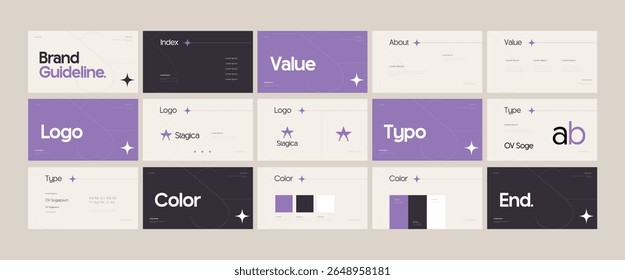 Brand guidelines template, Landscape brand identity presentation, Purple and cream, modern and clean design, Logotype guidelines template for beauty, fashion, personal brand